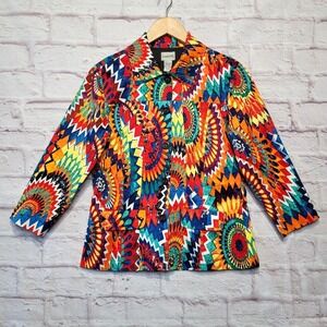 Chicos 0 Jacket Womens Small Blue Orange Red Artsy Vibrant Button Pockets Lined